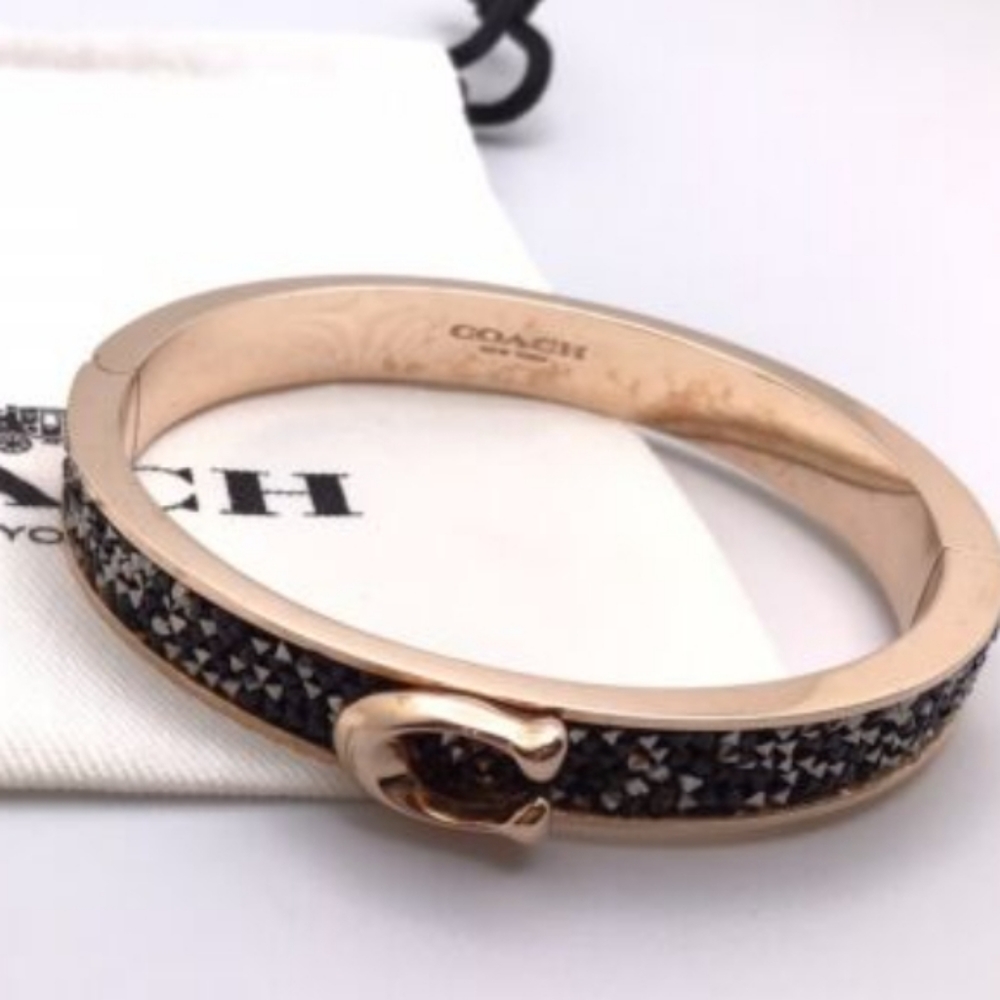 NEW COACH C Logo Hinged Bangle Bracelet Yellow Gold S/ Steel & Black Sprinkle - Picture 7 of 7